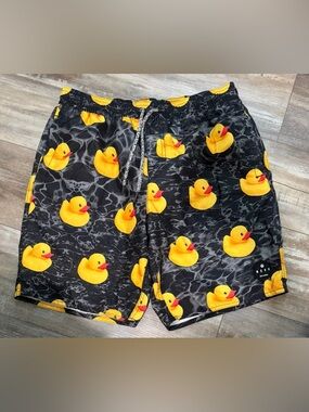 Neff Black Swim Board Shorts with Yellow Rubber Duck Print